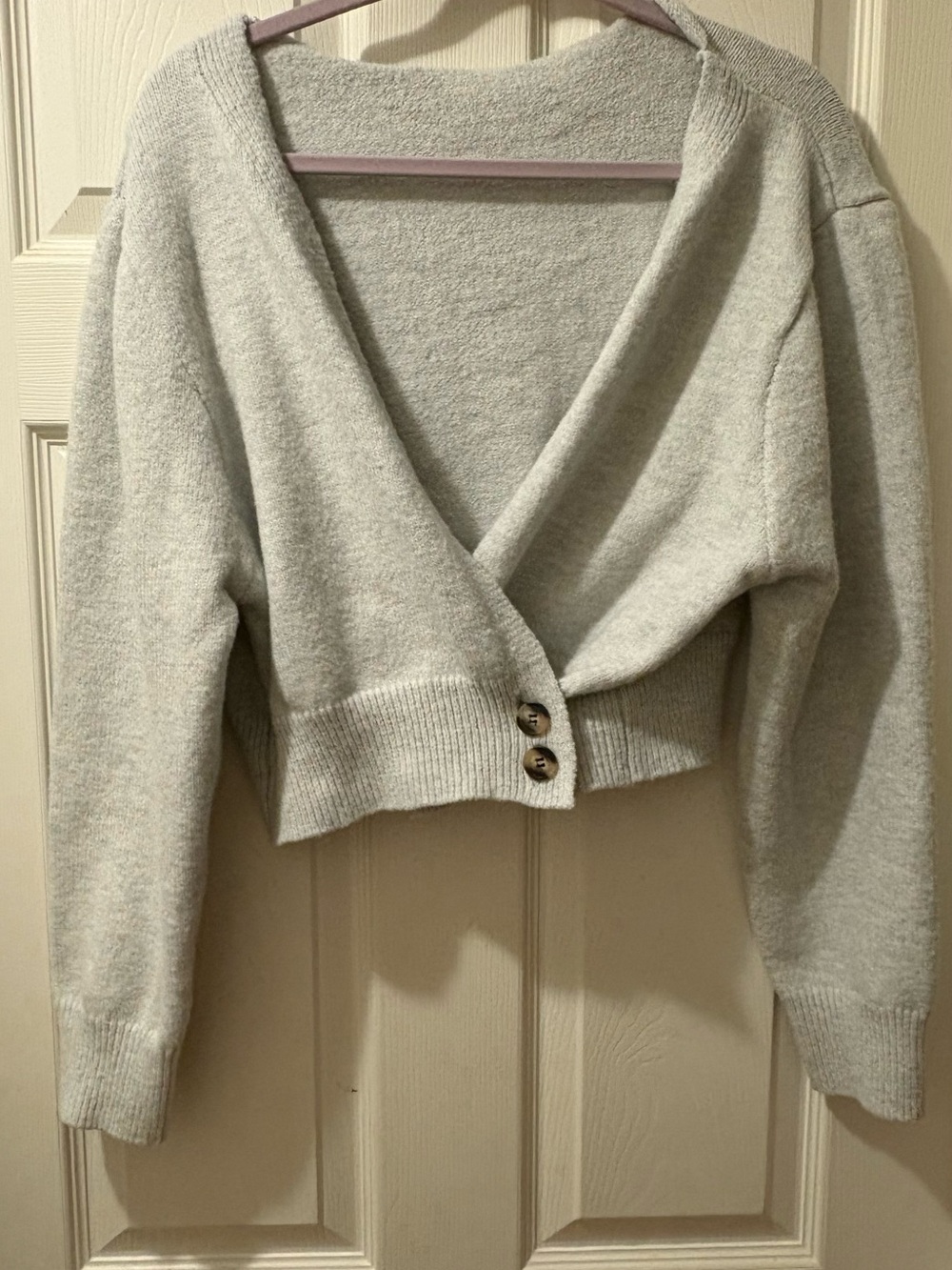 Cozy Cropped V-Neck Button Sweater - Light Gray